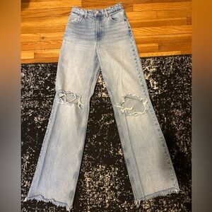 Zara Wide-Leg Ripped Knee Jeans, Size 2, High-Waisted Light Wash Blue Denim